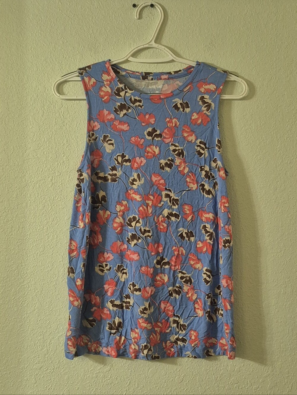 Nine West Blue Floral Sleeveless Tank with Pink Blooms